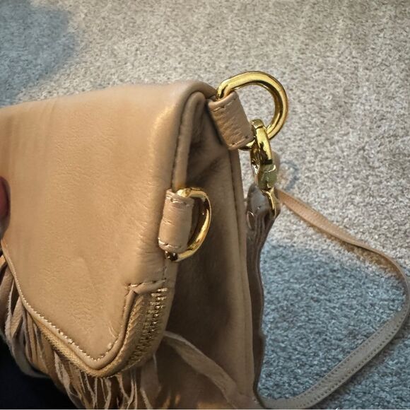 Claudia G camel tan supple genuine leather fringe foldover crossbody bag - Picture 9 of 12